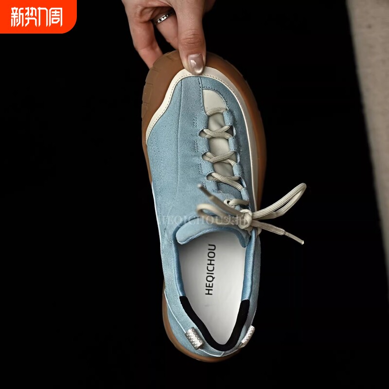 蓝色圆头平底系带百搭休闲鞋女2026年新款厚底户外运动鞋平底女鞋