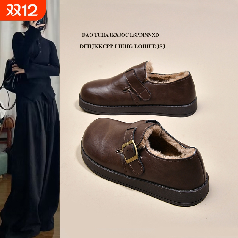 厚底勃肯鞋女鞋加绒小皮鞋2025新款冬季保暖雪地靴乐福鞋博肯棉鞋