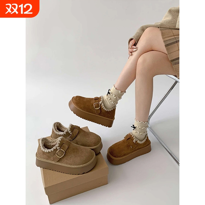 加绒复古厚底全包勃肯鞋女2025新款秋冬外穿增高防滑保暖雪地棉鞋