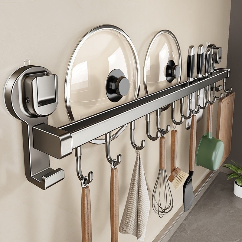 吸盘厨房挂钩挂勺子铲子置物架挂杆免打孔刀具一体壁挂式收纳架子