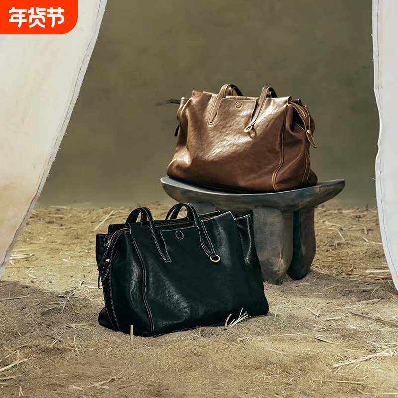 李娜同款song大容量复古旅行包植鞣牛皮公文包单肩托特包棕色质感