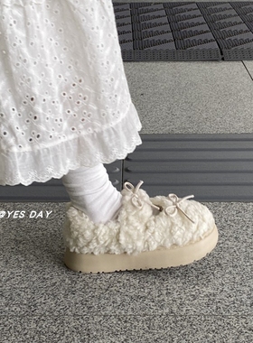 YesDay可爱蝴蝶结加绒保暖毛毛鞋女2025秋冬新款百搭厚底玛丽珍鞋