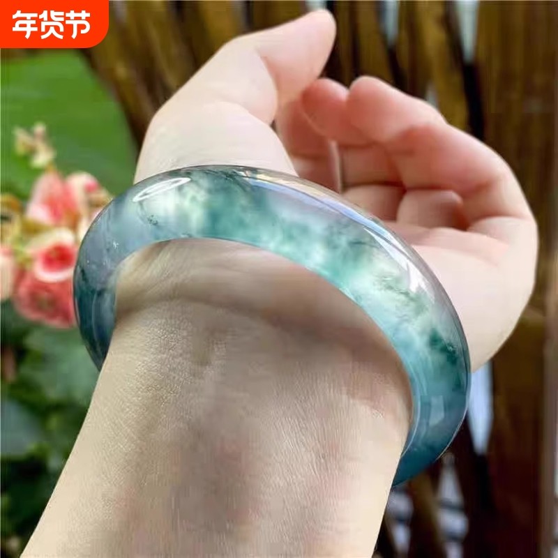女款天然飘花冰种和田玉手镯金丝玉翡翠色玉手镯正品新疆玉髓镯子