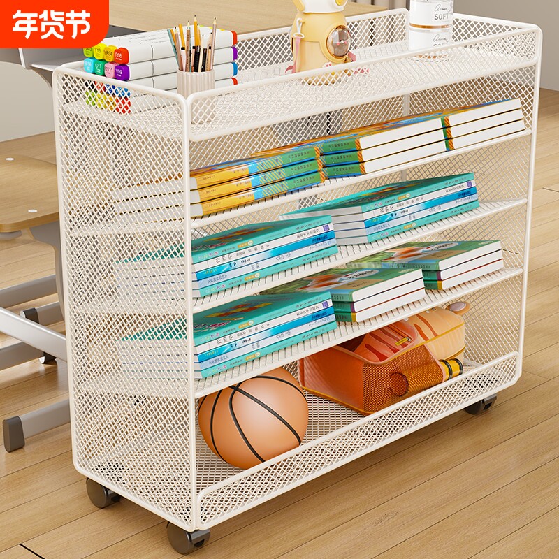 学生桌边书架落地小推车可移动旁书本书籍收纳架桌面书包带轮三层