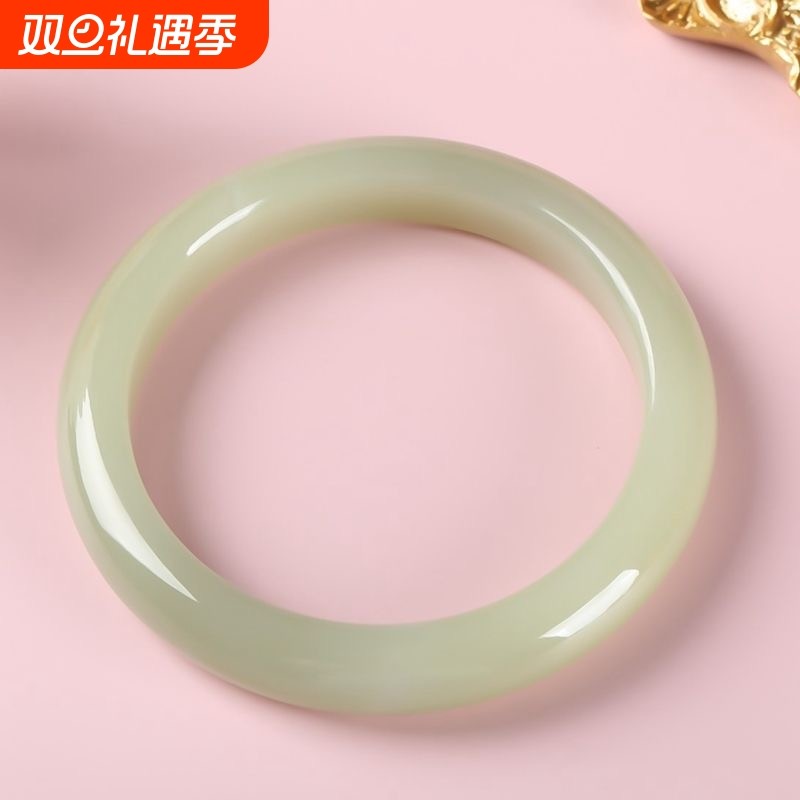 正品羌黄口玉晴水手镯平替真玉新疆阿富汗玉金丝玉手镯湖水绿珠宝