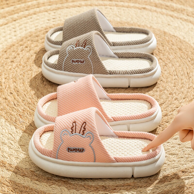 亚麻拖鞋家居女士四季家用情侣室内防滑静音地板居家凉拖男厚底