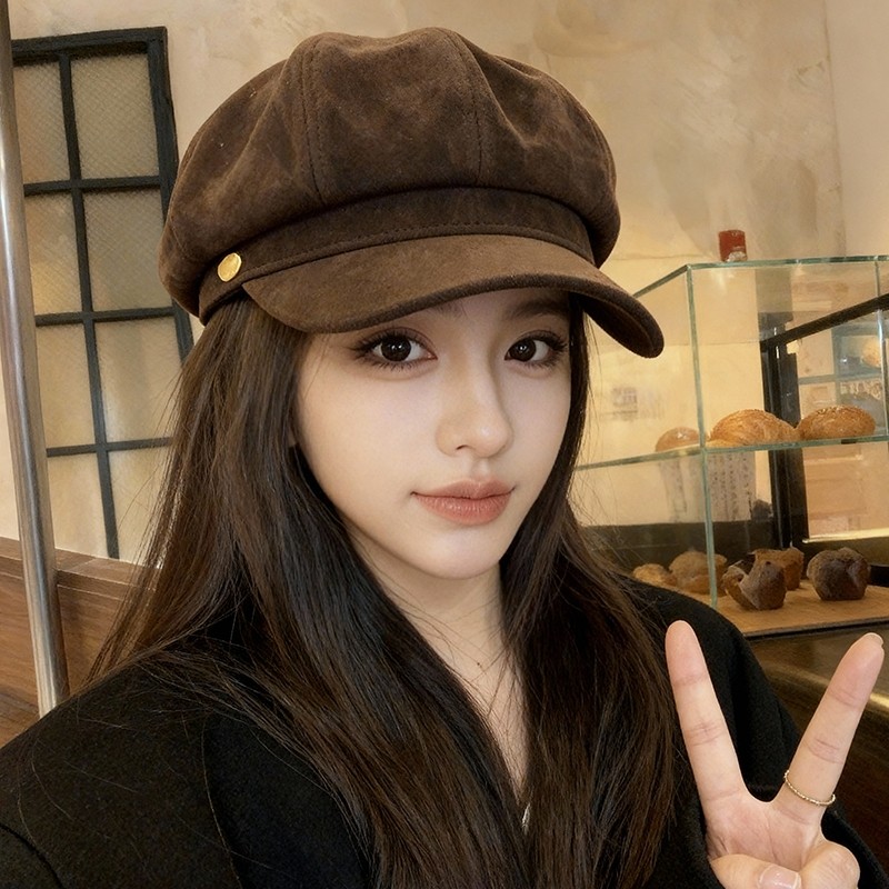 2025新款麂皮绒贝雷帽女秋冬大头围鸭舌八角帽子显脸小百搭报童帽
