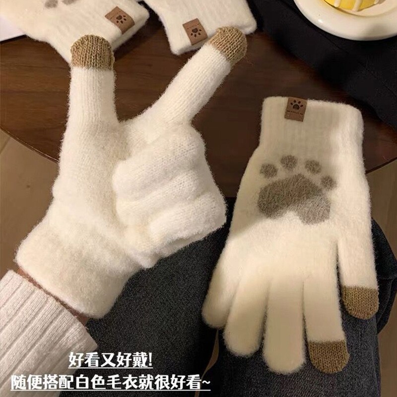 仿貂绒秋冬手套加厚手机触屏学生写字保暖加绒爱心猫爪针织手套厚