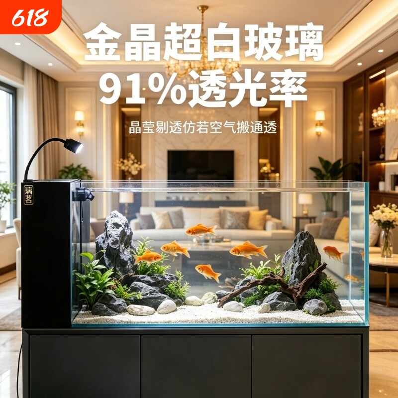 侧滤鱼缸溪流缸客厅桌面一体成型造景过滤制氧生态金鱼缸一体式