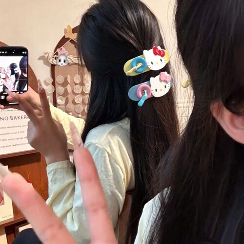 少女星球!撞色KT猫咪纽扣发夹大号鸭嘴夹半扎盘发夹子发抓发饰品