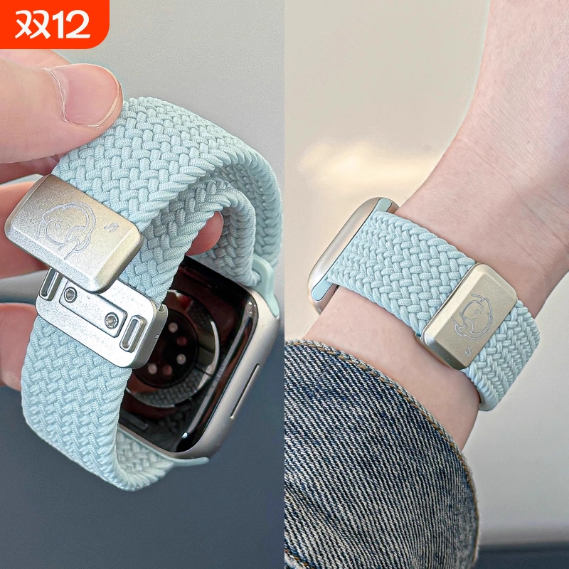 适用苹果S10手表S9表带iwatch11尼龙小狗applewatch8代编织7磁吸S7弹力SE腕带S6高级542mm运动智能蓝色红色