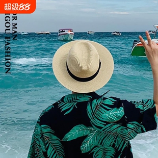 夏季帽子男士草帽巴拿马法式帽户外遮阳防晒帽款白色大檐黑色