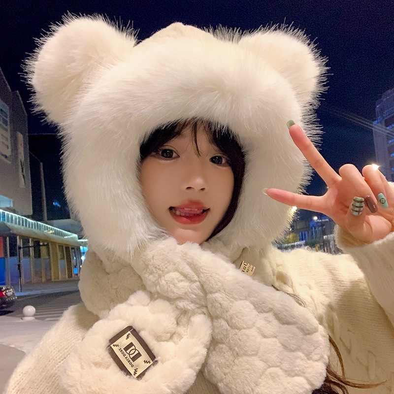 小熊帽子围巾一体冬季保暖