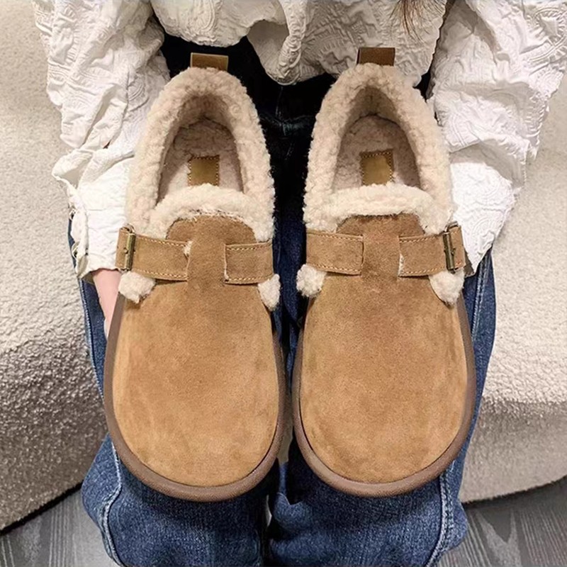 勃肯鞋女加绒女鞋2024年冬季新款豆豆鞋平底毛毛鞋孕妇鞋棉鞋圆头