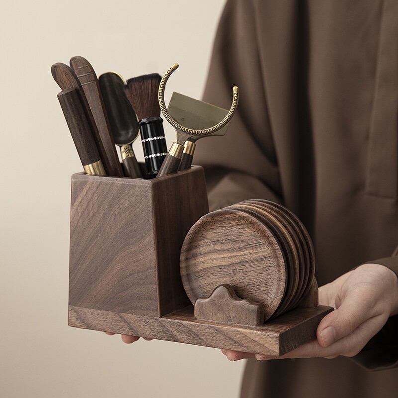 北美胡桃木茶道六君子套装轻奢杯垫隔热垫多功能实木茶道六君子配