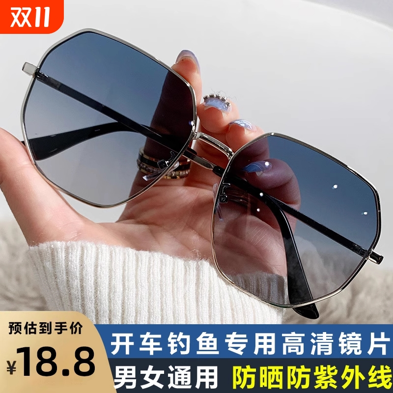 透明蓝色偏光太阳镜男士多边形金属钓鱼开车墨镜韩版潮旅行眼镜女