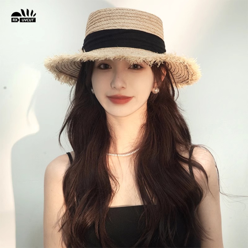 蝴蝶结飘带草帽女夏季度假毛边大帽檐平顶编织帽遮阳防晒海边帽子