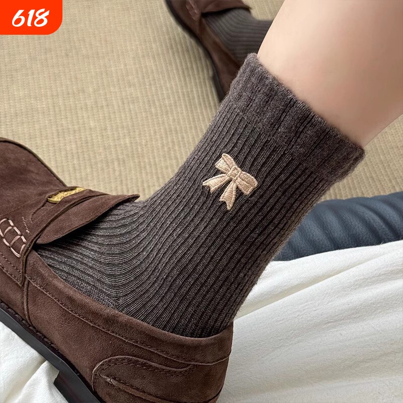 美拉德袜子女士春秋款中筒袜蝴蝶结长筒袜抗起球堆堆袜女秋冬季