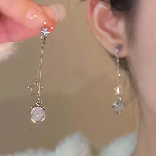 「月藏星匿」小众设计长款流苏星星耳钉_耳夹也有哦无耳洞姐妹冲_