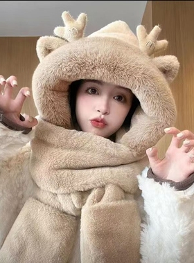 鹿角帽子围脖一体毛绒可爱女冬骑行护头防风加绒加厚保暖手套围巾