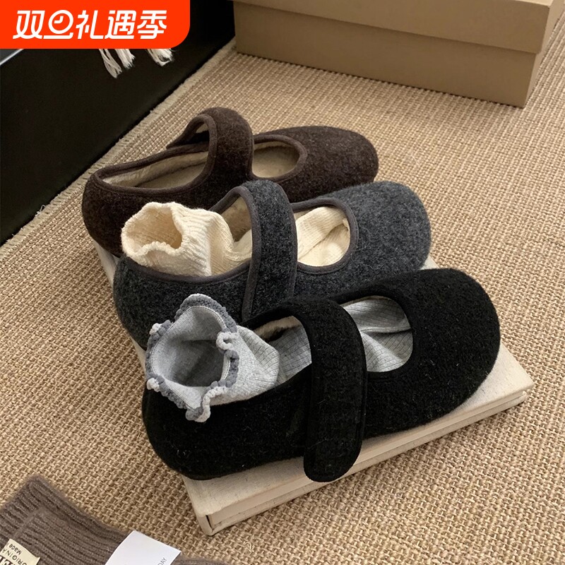 魔术贴灰色毛毛鞋女冬外穿新款加绒单鞋保暖棉鞋平底玛丽珍豆豆鞋