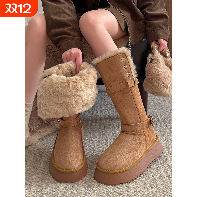 版雪地靴女款2025新款秋冬季加绒保暖棉鞋两穿增高长筒靴高筒灰色