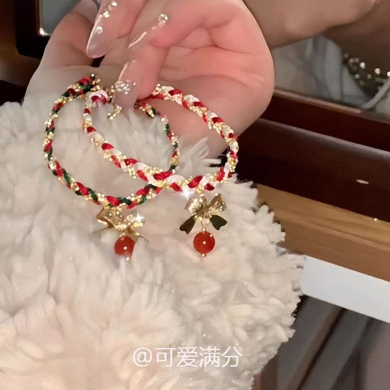 「邂逅梦幻」秋冬红绿撞色蝴蝶结圆珠手绳高颜值圣诞氛围感手链女