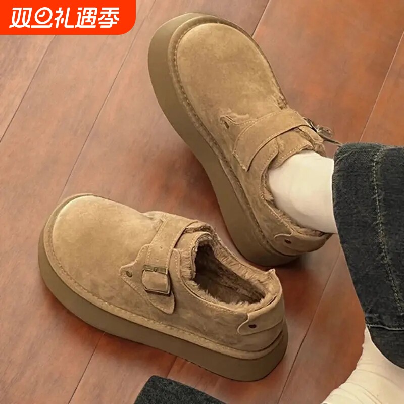 厚底圣诞加绒勃肯鞋女2025秋冬季毛毛乐福鞋博肯棉鞋子雪地靴毛绒