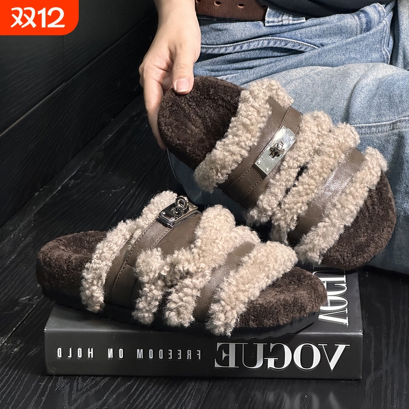 欧货真皮羊羔毛拖鞋女外穿2025新款网红厚底懒人露趾勃肯毛毛鞋潮