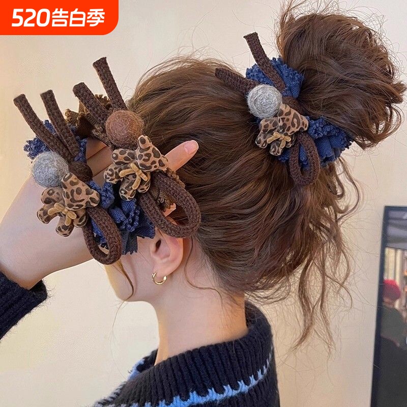豹纹小熊毛球大肠发圈头绳女高级感头花低马尾皮筋盘发丸子发绳