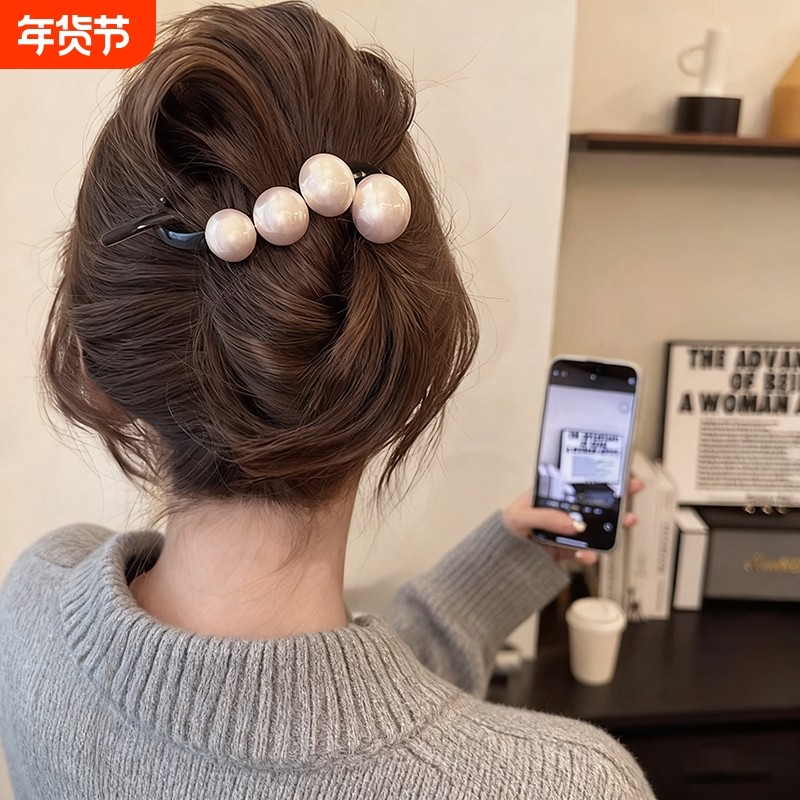 珍珠发夹女2025新款高端后脑勺一字扭扭夹大号盘发神器抓夹高级感