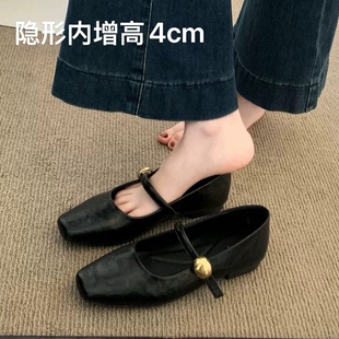 超软羊皮内增高黑色单鞋女2026春季新平底小皮鞋法式玛丽珍女鞋子