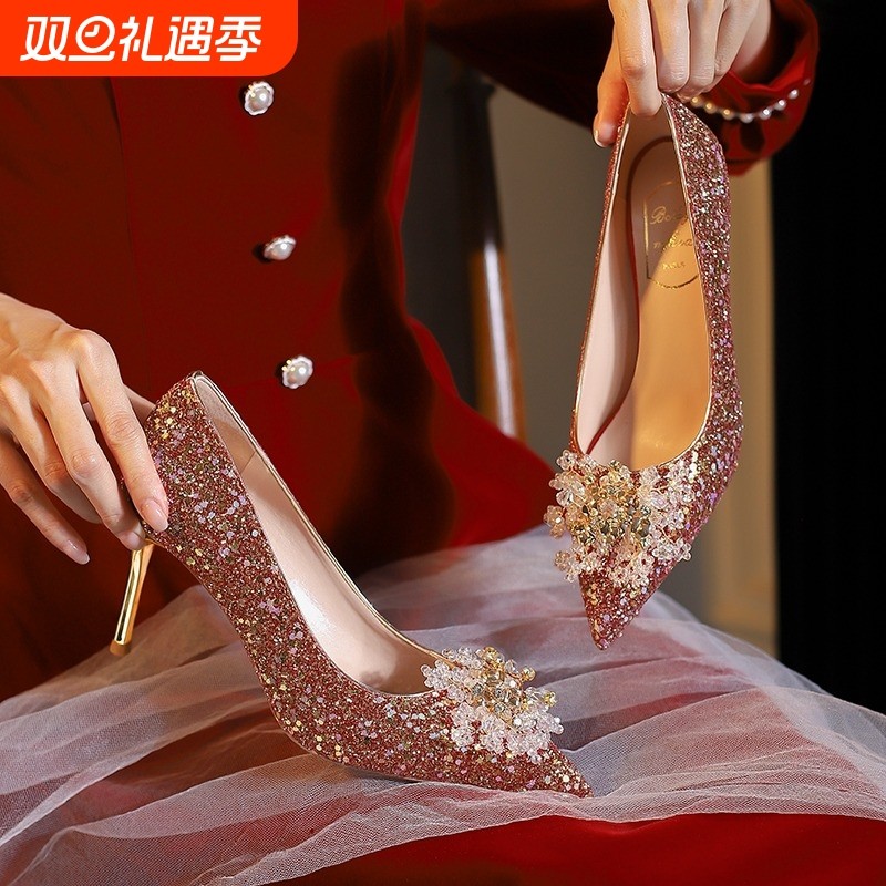 中式婚鞋女2024新款敬酒服红色新娘鞋主婚纱秀禾服两穿水晶高跟鞋
