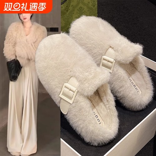 勃肯毛毛拖女2025春季新款外穿法式平底包头拖鞋爆款棉拖鞋子橡胶