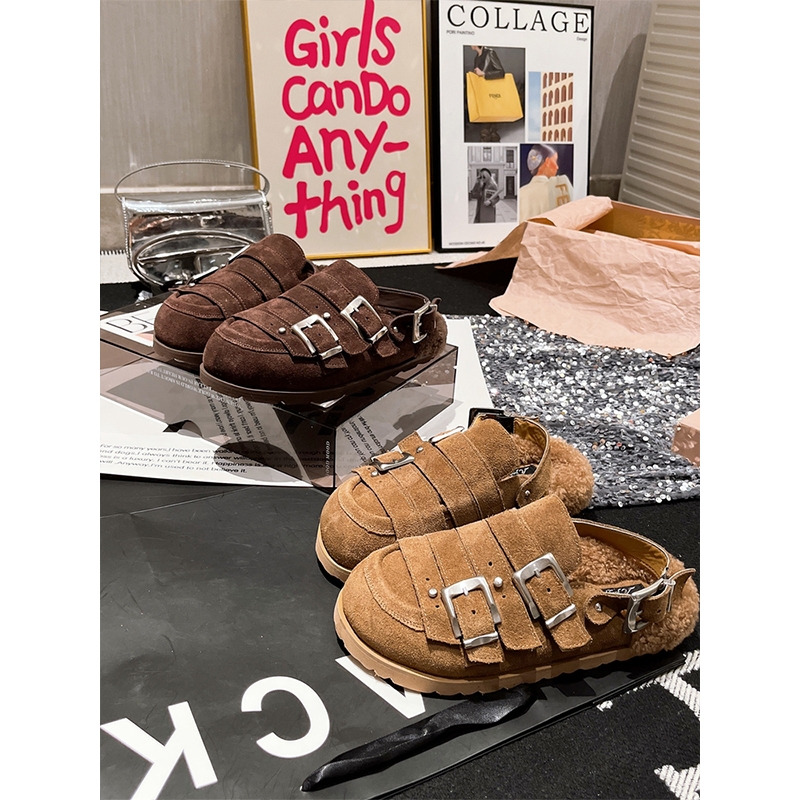 2025年秋新款磨砂真皮金属扣大头羊羔毛毛鞋包头半拖鞋勃肯鞋女鞋