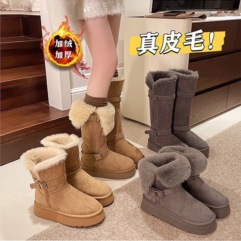 厚底加绒加厚中筒雪地靴女2025新款冬季高筒长筒保暖东北鞋子灰色