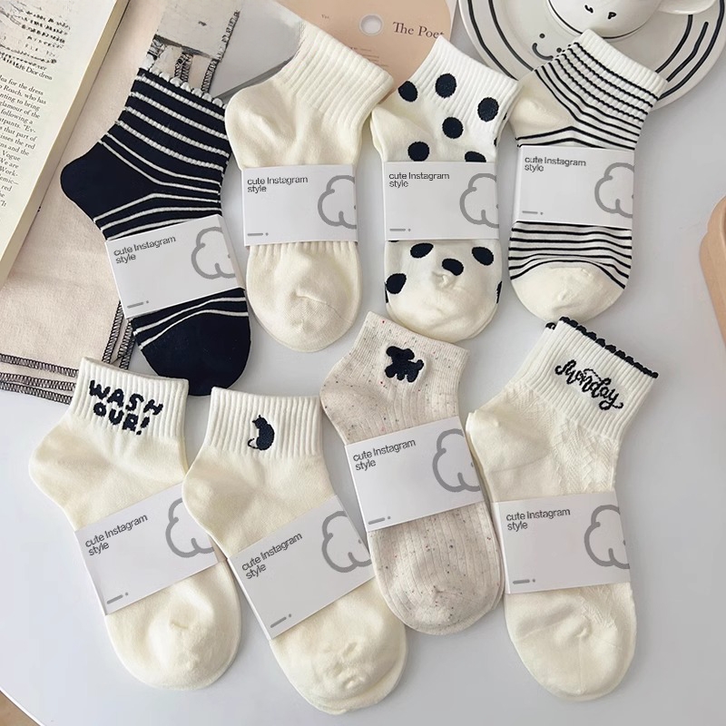 波点条纹短袜百搭运动白色短筒袜