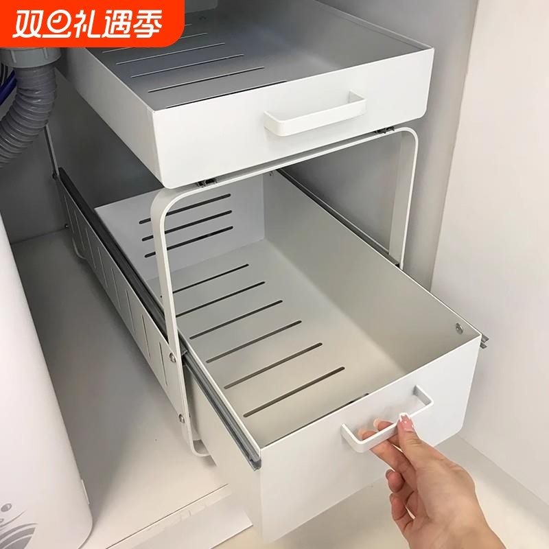 厨房下水槽抽拉收纳架双层抽屉柜置物架橱柜内碗碟储物多功能拉篮