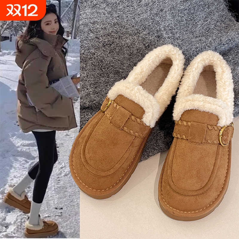 厚底加绒保暖全包勃肯鞋毛毛鞋女2025新款冬一脚蹬雪地靴豆豆棉鞋