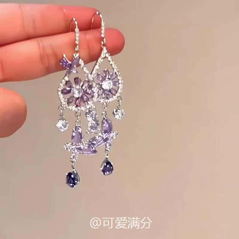 过年「紫雾梦铃」紫色蝴蝶捕梦网耳环法式爆闪波西米亚风精致耳饰