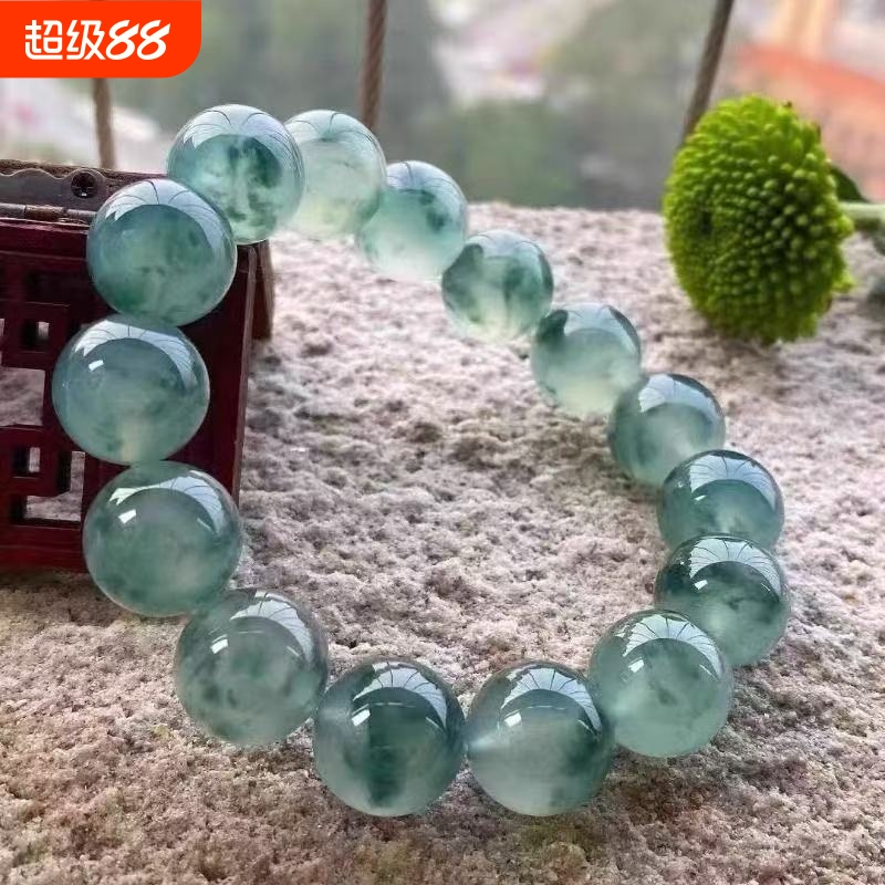危地马拉冰种老坑翡翠手链飘花蓝水手串冰种飘花仿翡翠送女友礼盒