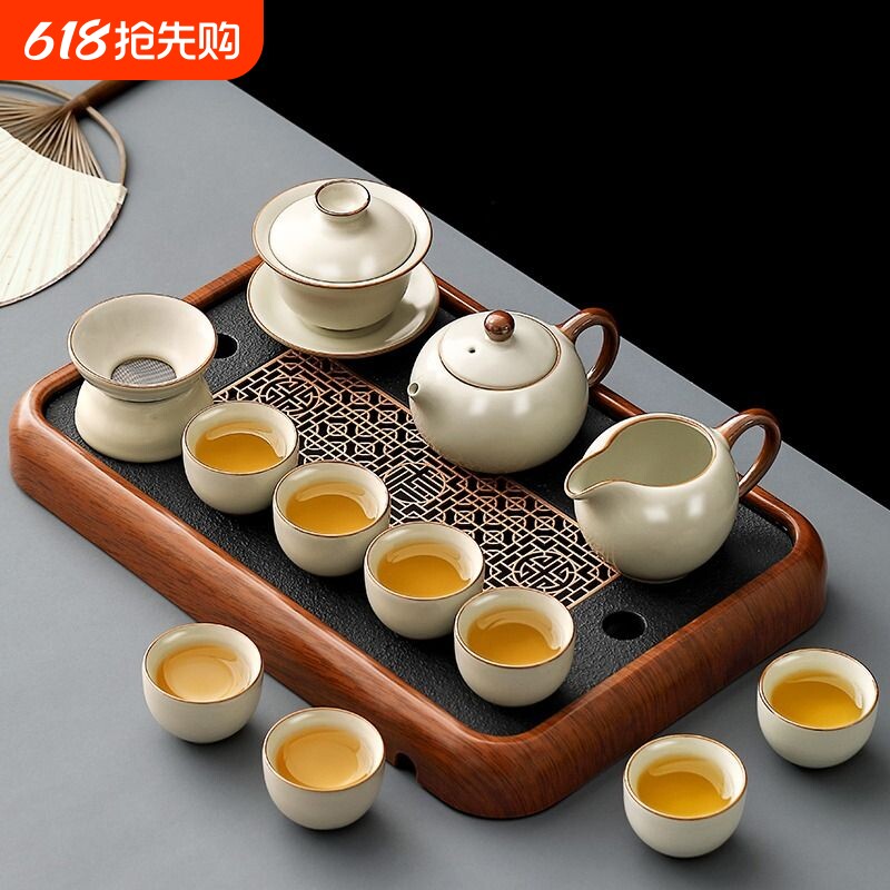 唐丰汝窑功夫茶具套装家用高档陶瓷茶杯茶盘茶具2026新款泡茶茶漏