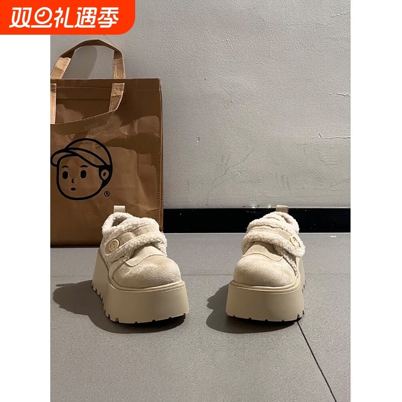 白色复古增高厚底加绒雪地棉鞋女冬2025新款加厚保暖毛毛勃肯鞋子