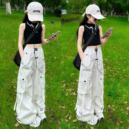 女童工装裤子夏季薄款休闲裤新款中大童女孩洋气宽松阔腿裤防蚊裤