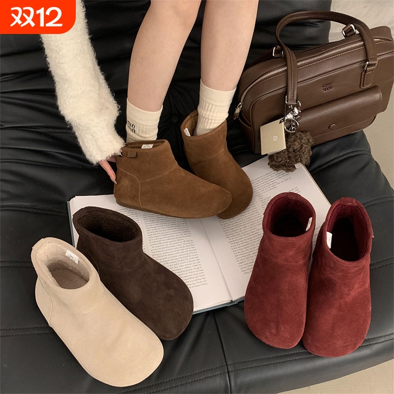 森系厚底皮毛一体雪地靴加绒加厚小土豆雪靴冬季复古真皮勃肯短靴