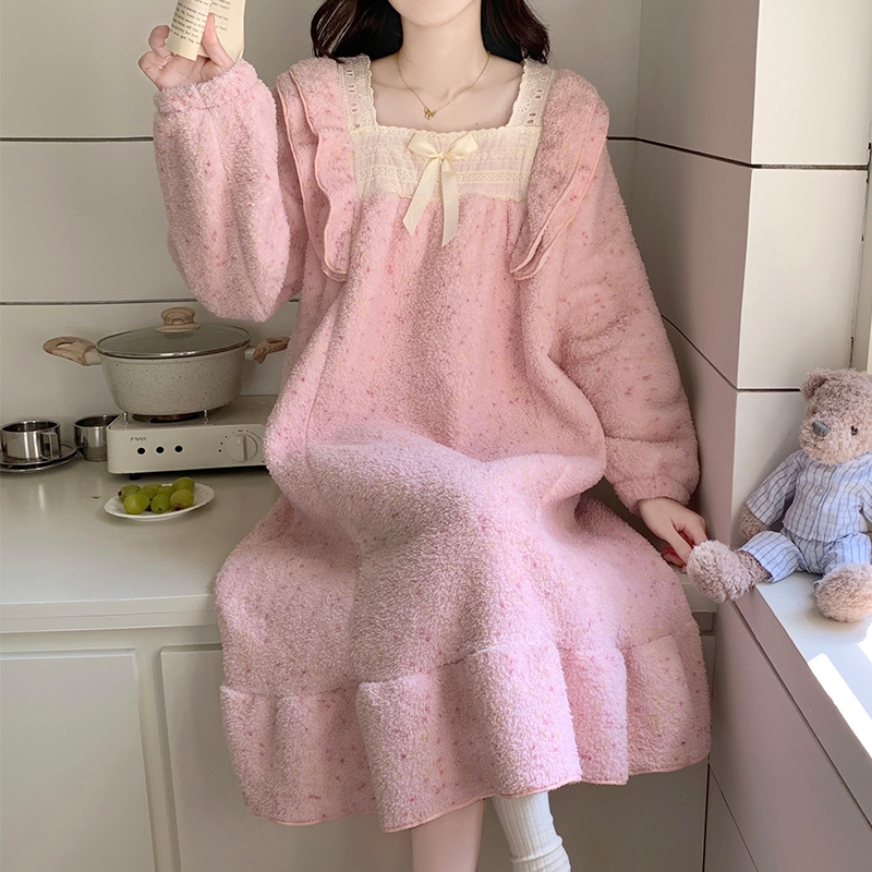 珊瑚绒睡裙女秋冬季加绒加厚甜美公主风睡衣女士冬天半边绒家居服