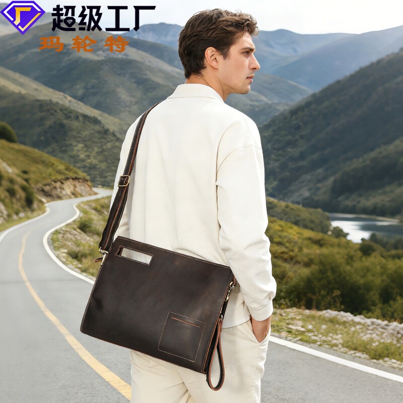 复古个性男包疯马皮单肩包多功能手拿包做旧牛皮公文包休闲ipad包