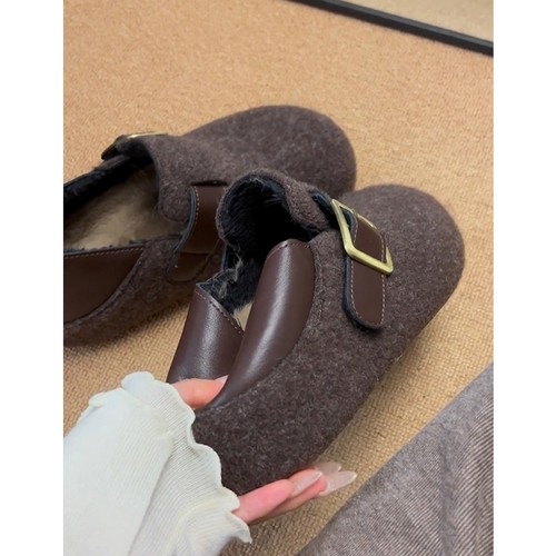 内增高5cm两穿毛呢勃肯鞋女冬季新款百搭加绒保暖一脚蹬厚底棉鞋