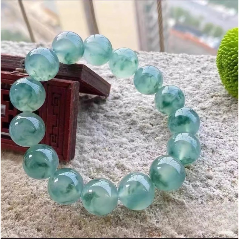 危地马拉冰种老坑翡翠手链飘花蓝水手串冰种飘花仿翡翠送女友礼盒