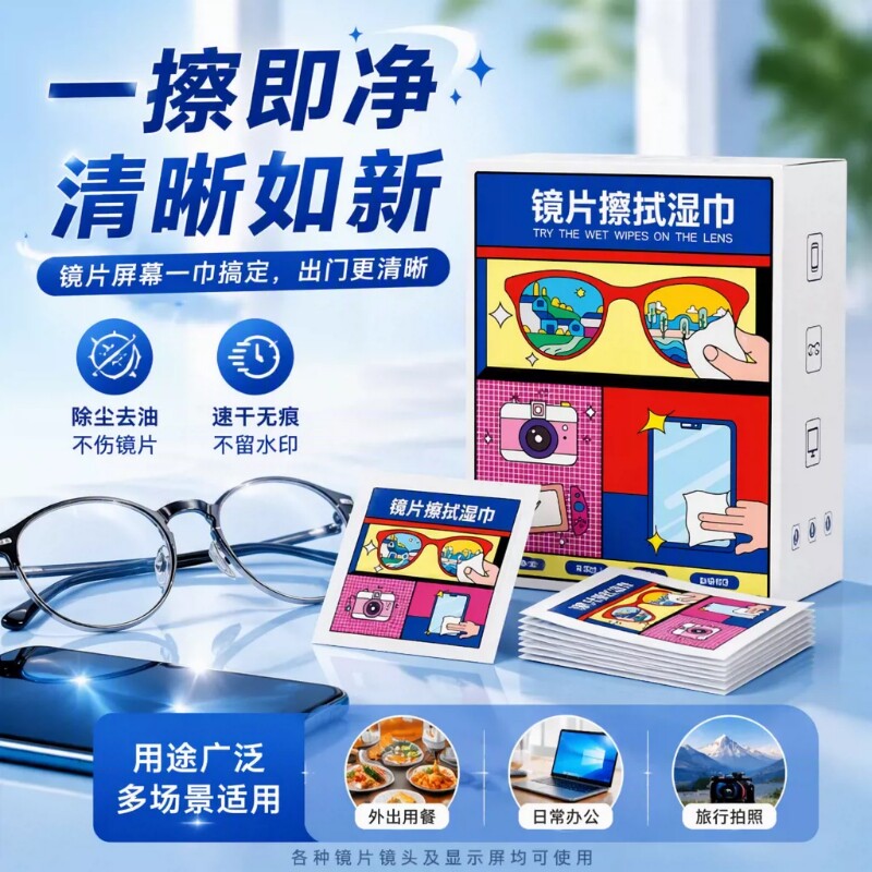 眼镜擦拭清洁片一次性擦拭纸防雾湿巾手机屏镜片镜布不伤屏幕头盔